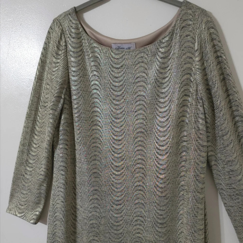 Gold Champagne Metallic Knit Wedding Guest Shift Dress, Formal Cocktail Elegant - Picture 5 of 15